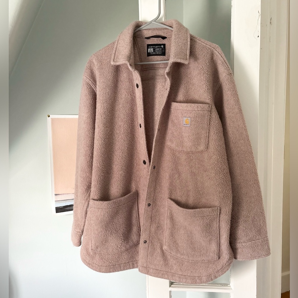 Carhartt Brushed Fleece Loose Fit Shirt Jacket in Mauve Pink size Large